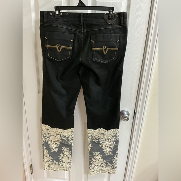 Elegant Black Lace Trim Straight Leg Jeans Handmade - Picture 4 of 4